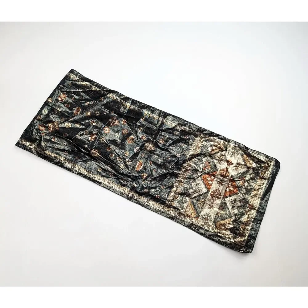 Vintage 80s Scarf Collectif Black Metallic Southwestern Floral Print Rectangular